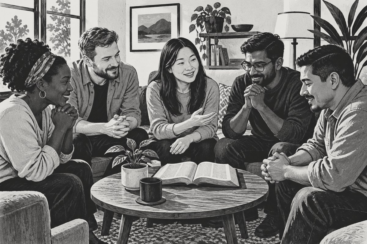 Illustration of a small home fellowship gathered around an open book.